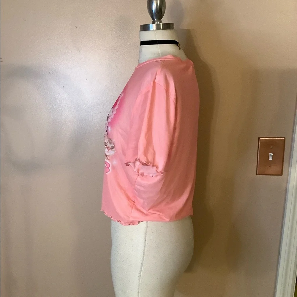 Shein Curve Romwe Pink Sheer Ruffle Edge BabyDoll Crop Kitten Cats Shirt 1X plus